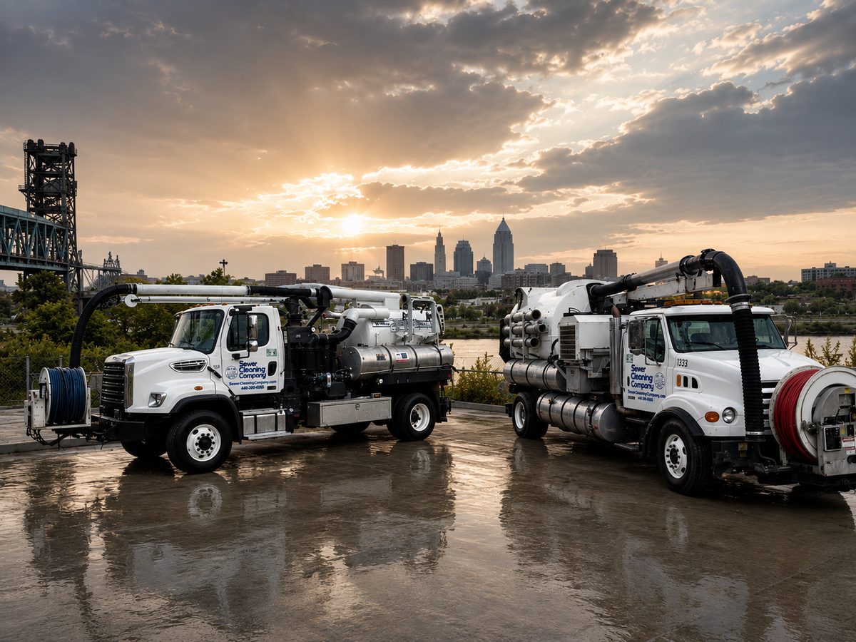 Sewer Cleaning Company vac trucks with Cleveland skyline